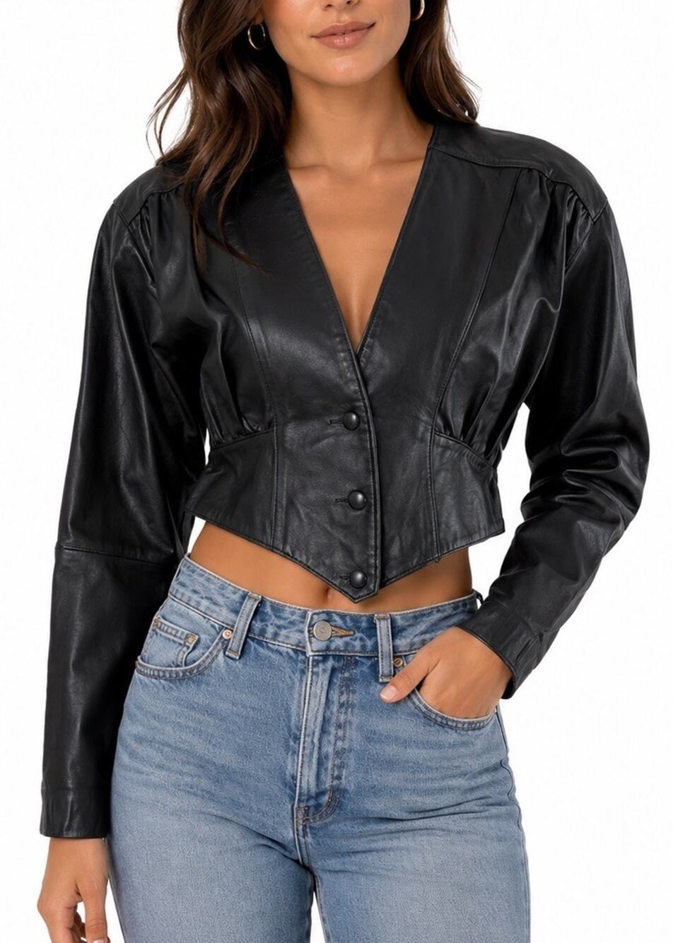 Chia Leather Jacket Cropped Black Snap Button Lined M Vintage V Neck